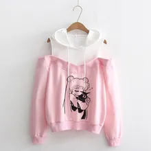 Сейлор свитшот с Луной кавайная одежда Топы женские худи Harajuku Сейлор Мун кошка рубашка с открытыми плечами толстовка женская для девочек