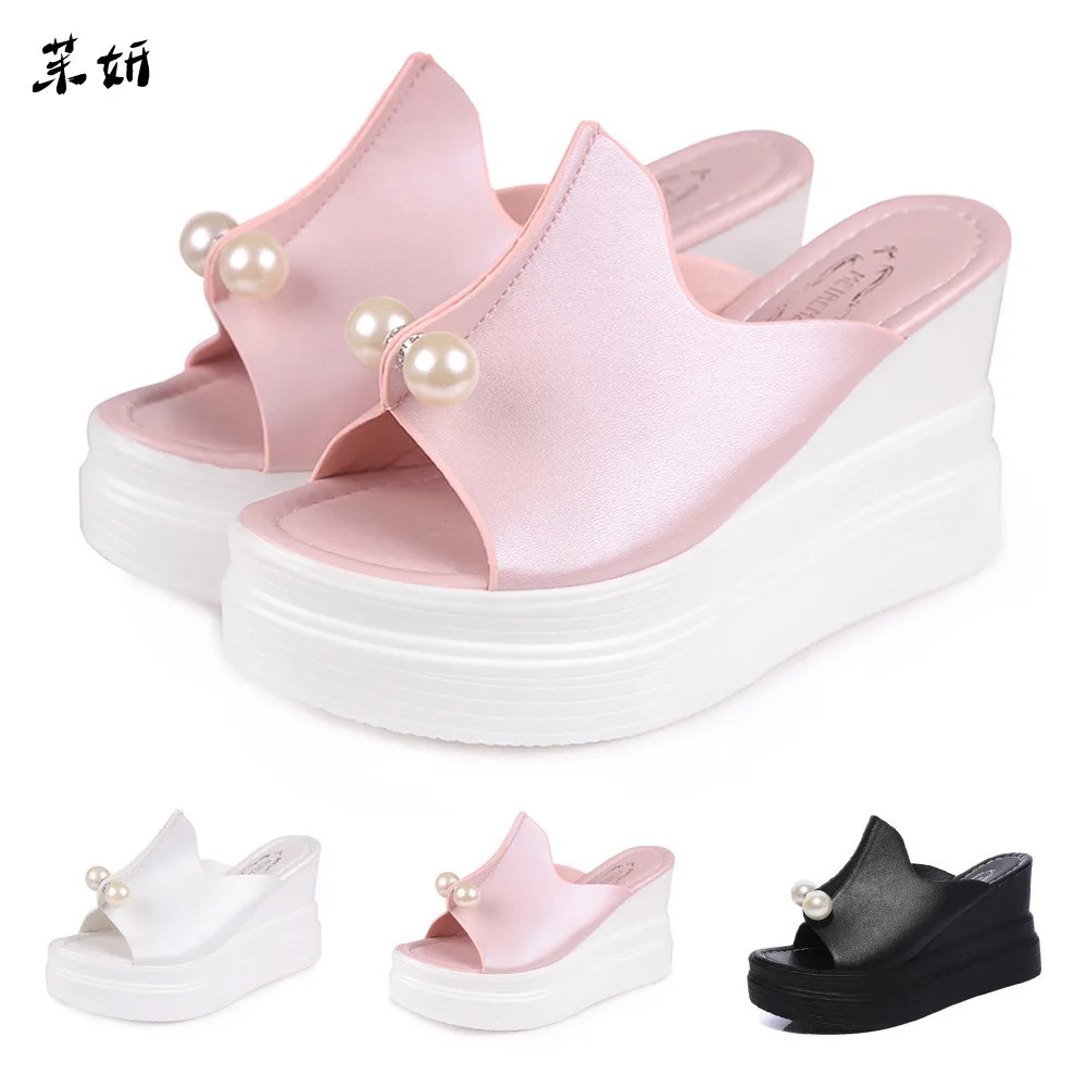 

2019 Women's Ladies Slippers Thick-bottom Solid Pearl Waterproof Wedge Sandals Shoes Zapatos Mujer Tacon Chinelos De Ver O #7