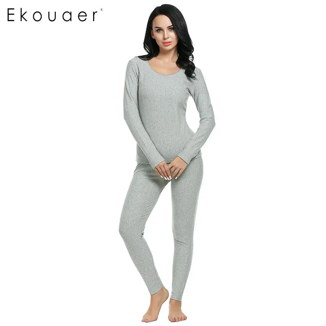 Ekouaer Women Bottom Thermal Underwear Casual Solid O neck Long Sleeve
