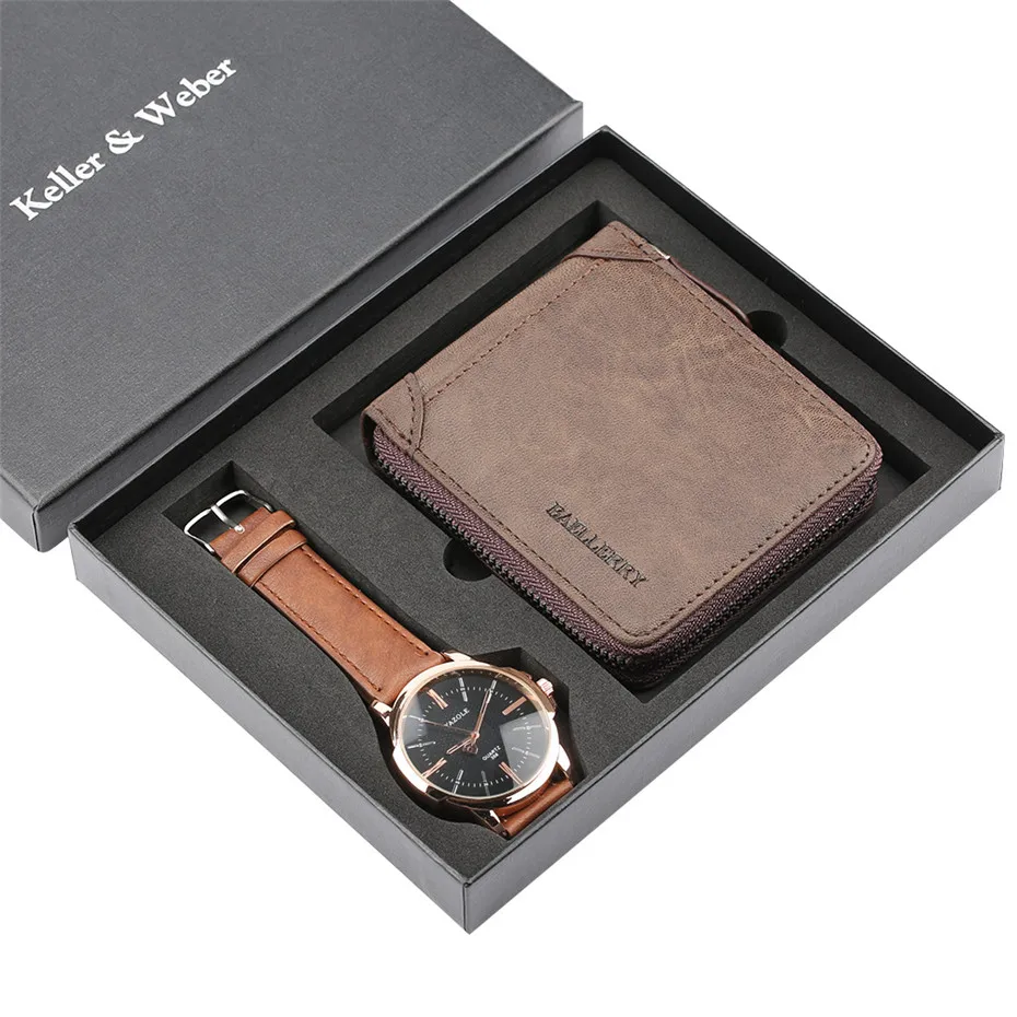 

Mens Watch Quartz Leather Wrist Watches High Quality Business Watch Men reloj masculino Wallet Watch Gifts Sets for Male reloj