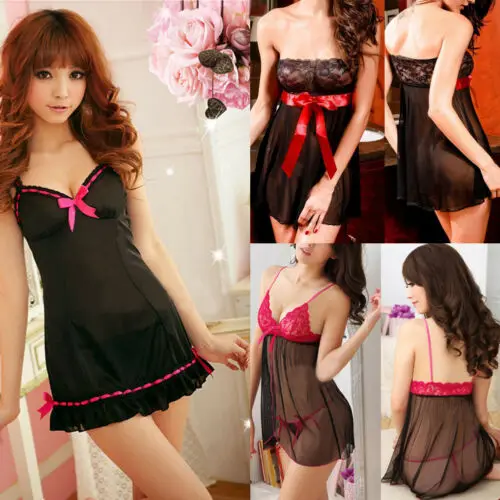 

Sexy Lady Lingerie Women Silk Lace Robe Mini Dress Babydoll Nightdress Nightgown Sleepwear