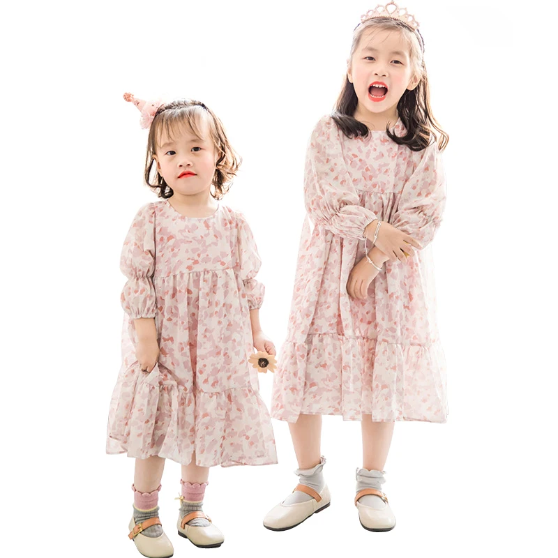 

2019 new spring frocks age for 1-8 yrs little big sister clothes print chiffon vintage noble gown kids back to school long dress