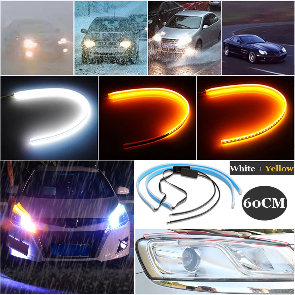 

2x 60cm LED Headlight Slim Strip Light Daytime Running Flow Signal Lamp 12V Auto Daytime Running light Decoration lamp
