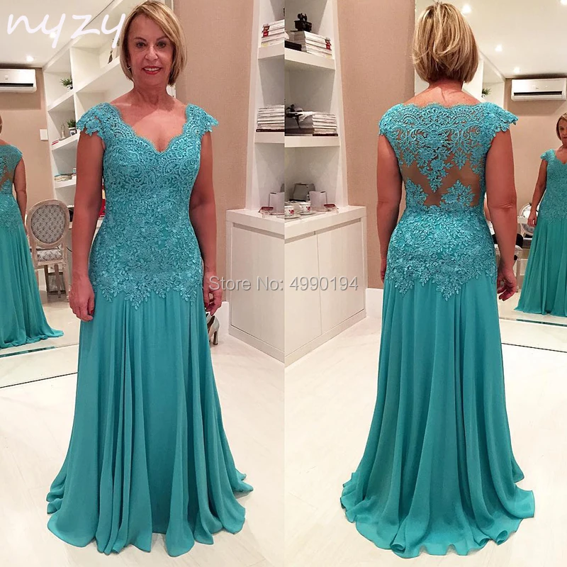

NYZY M34 Turquoise Mother of Bride Lace Dress Elegant Chiffon Cap Sleeves Groom Mother Evening Gown Wedding Party Formal Dress