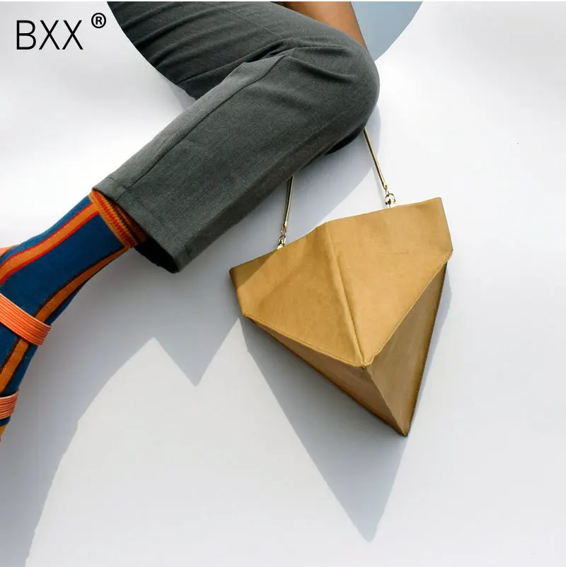 

[BXX] 2019 New Waterproof Wash Kraft Paper Single Chain Deformation Triangle Light Concise Small Square Shoulder Bag LM889
