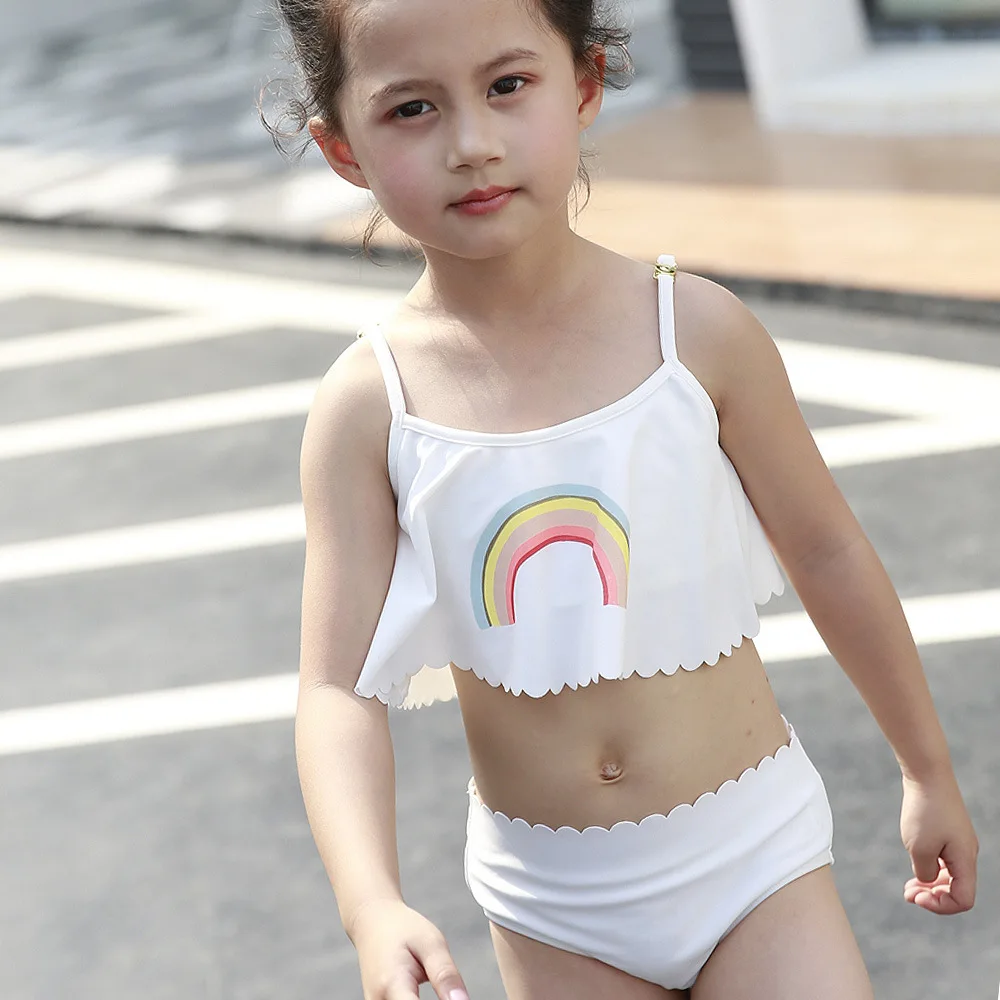 3pcs Kids Baby Girls Swim Set Swimwear White Color Rainbow Pattern Swimsuit Bathing Suit Costume Clothing