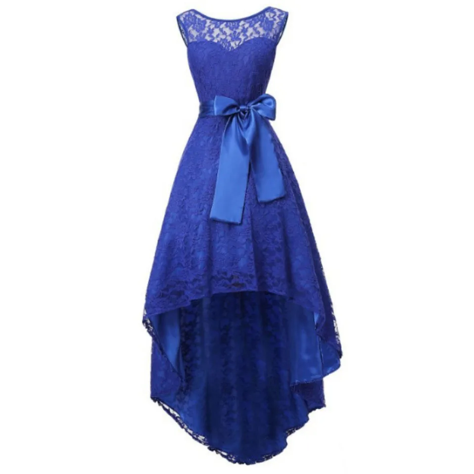 

Elegant Women Asymmetric Lace Dress Female Sleeveless Maxi Dress Asymmetrical Ladies High Low Belted Party Dress