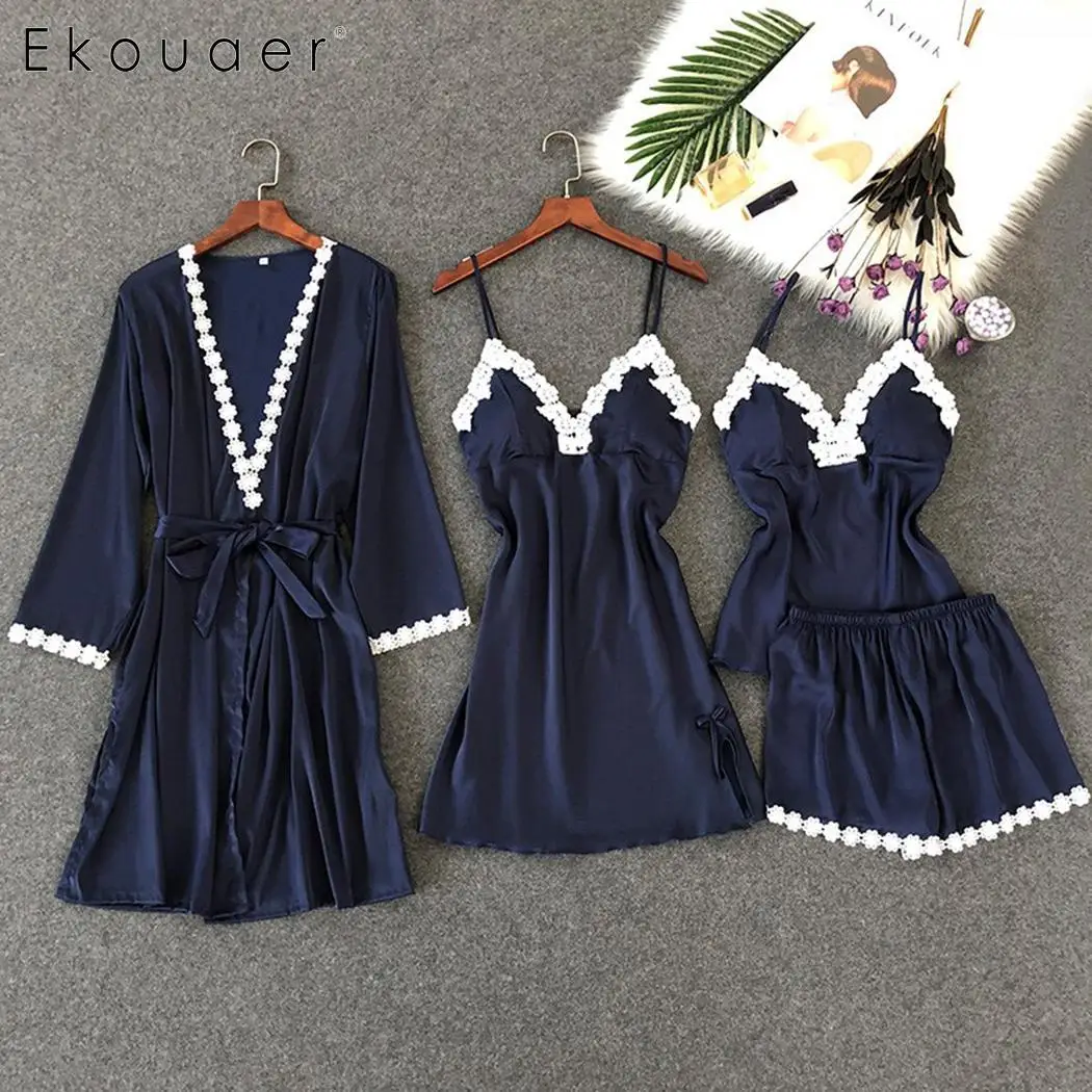 

Ekouaer Women 4 Pieces Stain Sexy Sleepwear Sets Robe Sleeveless Night Gown Tops Shorts Pajamas Set Soft Summer Homewear Suits