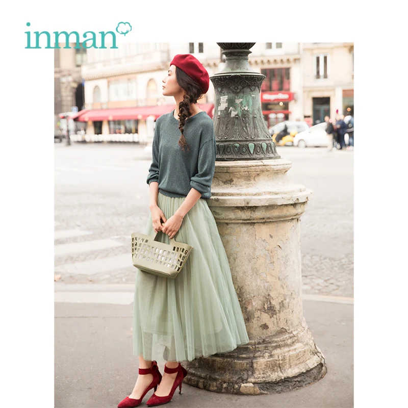 

INMAN 2019 Spring New Arrival O-neck Collar Literary Retro Fairy Gauze Fake Two-pieces Long Woman Wool Dress