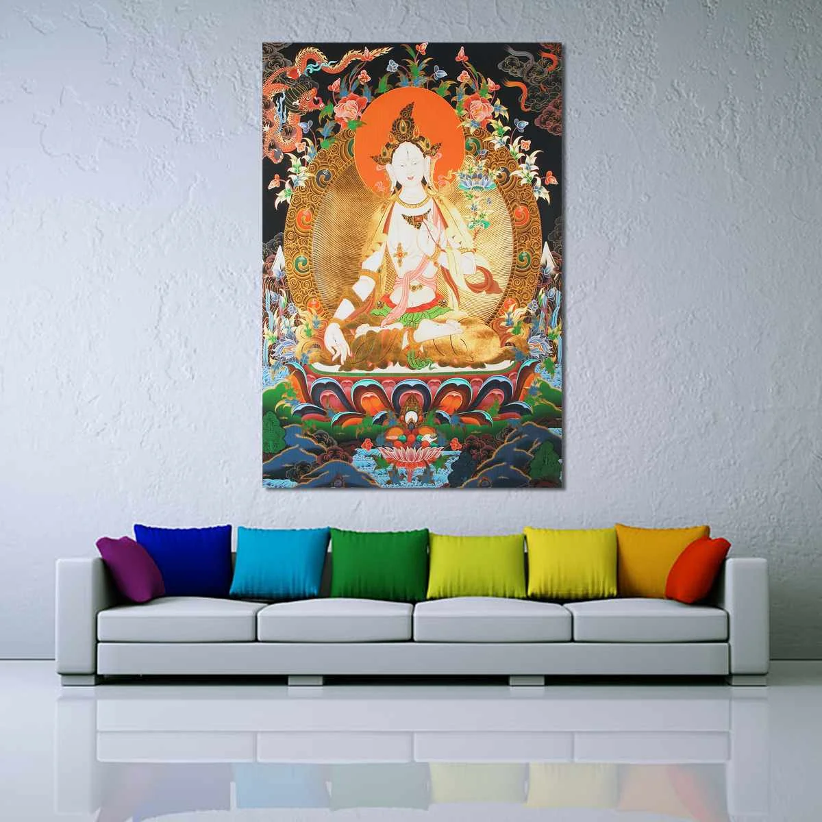 90x60cm Tibet Thangka Silk Cloth White Tara Buddha Buddhism Wall