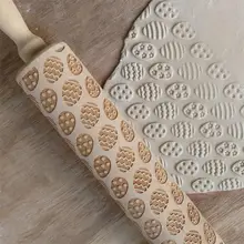 Wooden Easter Egg Print Rolling Pin Solid Wood Embossing Baking Cookies Biscuit Fondant Cake Dough Engraved Roller Pins