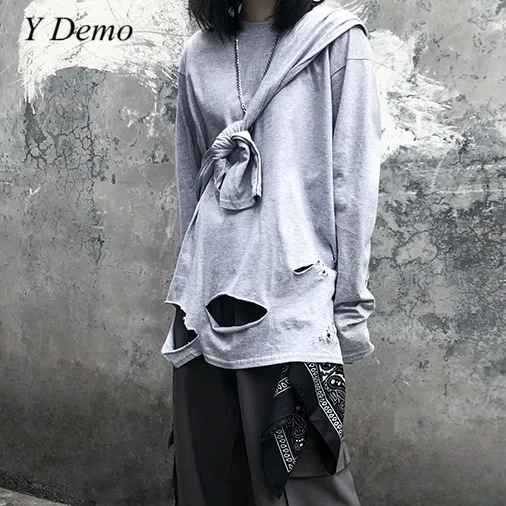 

Handsome Casual Long Sleeve Round Collar Couple T-shirt Frayed Holes Hiphop Solid Color Tees