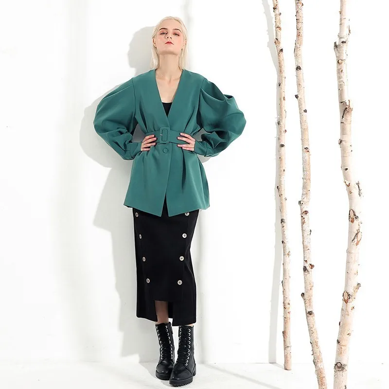 Longue Femmes eam Jl083 Fendue Manteau Nouveau Vert Mode Green Lâche 2019 Manches col V Bandagejacket Printemps black Fold Hiver Chauve souris Commune xwYfFwqg