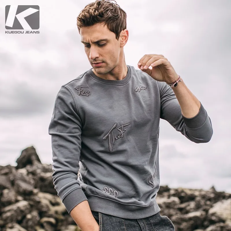 KUEGOU 2021 осень хлопок вышивка простая черная толстовка мужская Crewneck тонкая Мода