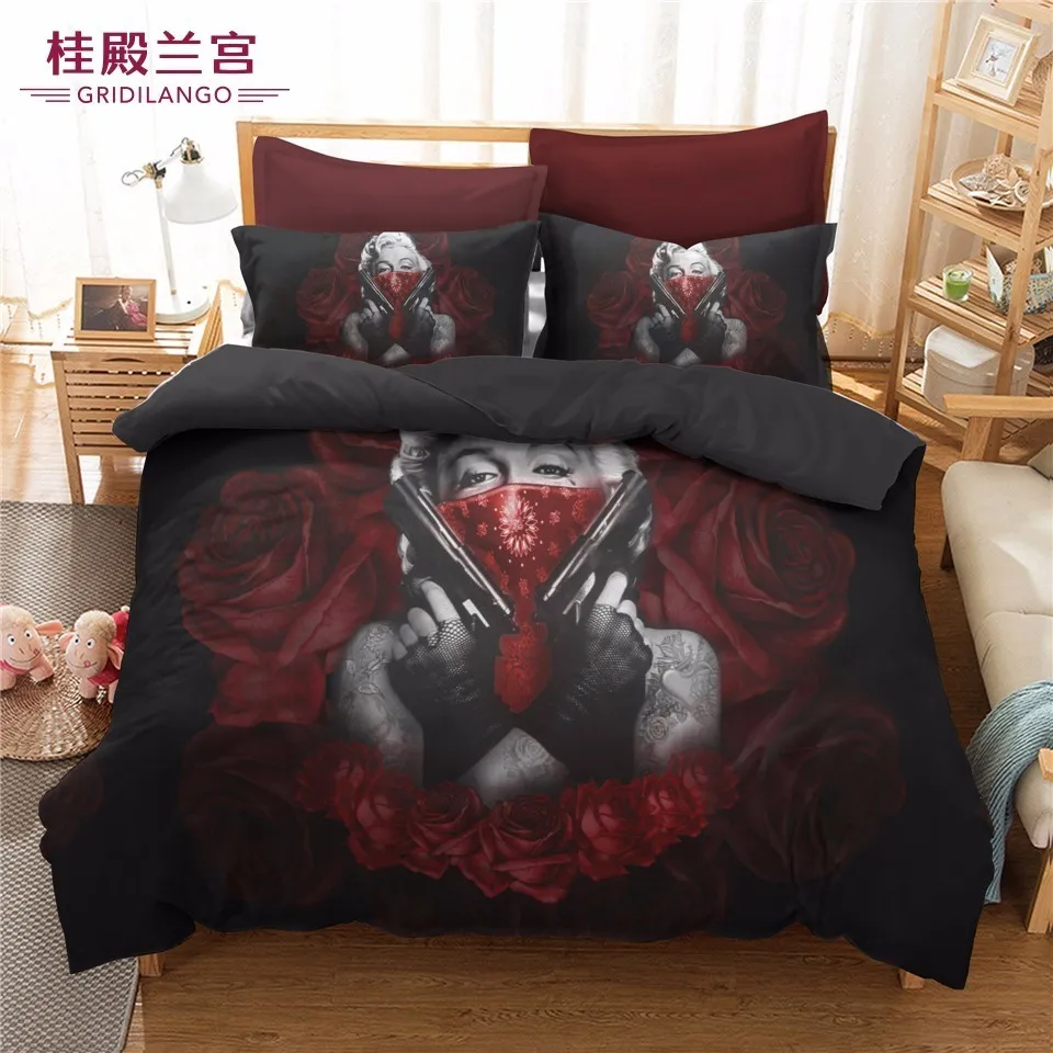 

New Fashion Creative Flower Sugar Skull Bedding Set Tattoo Marilyn Monro Duvet Cover Pistol Home Textiles Flower Bedclothes 3PCS