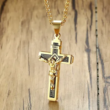

United States Catholic Jesus Christ on INRI Cross Crucifix Stainless Steel Pendant Necklace in Golden 20inch