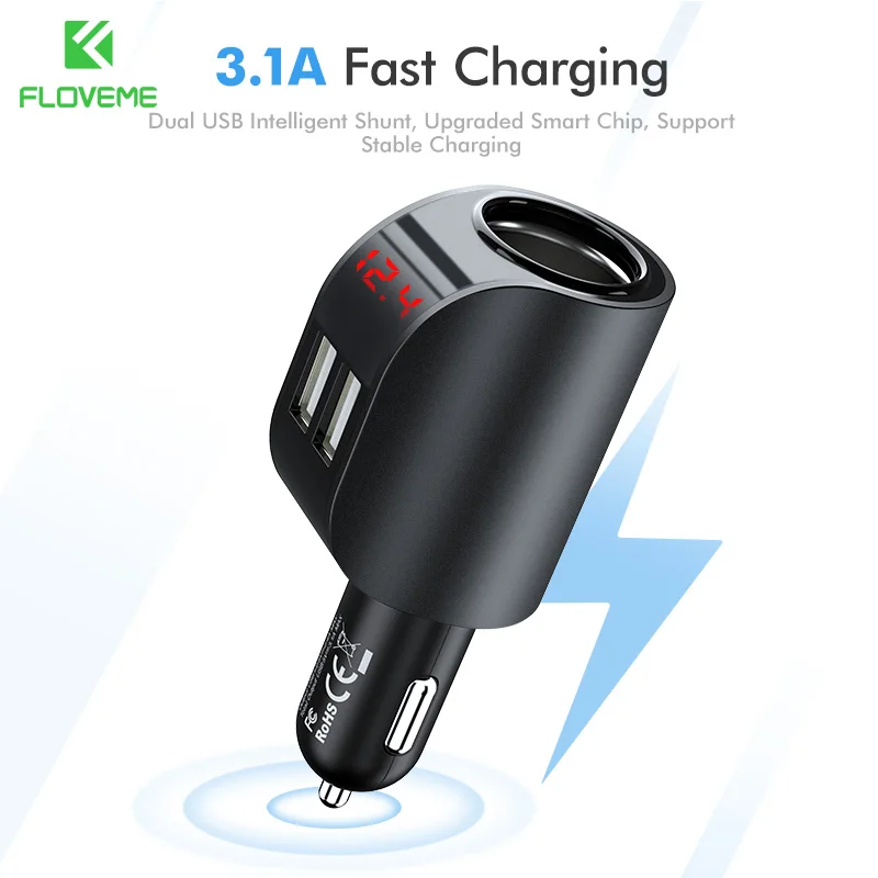 

FLOVEME USB Car Charger Adapter Fast Charging 3.1A Digital LED Metal For iPhone Samsung Table Dual Car Charger Adapter in Car
