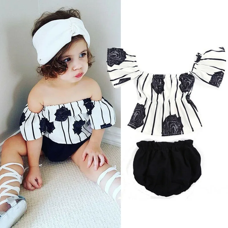 Baby Girls Floral Print Tube Crop Top Off-Shoulder Blouse with Shorts Pants and Headband
