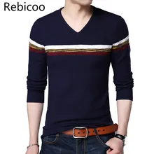 Осенне-зимний шерстяной свитер полосатый пуловер Мужской v-образный вырез вязаный обтягивающий Свитер Fit Pull мужской верх одежда Rebicoo070