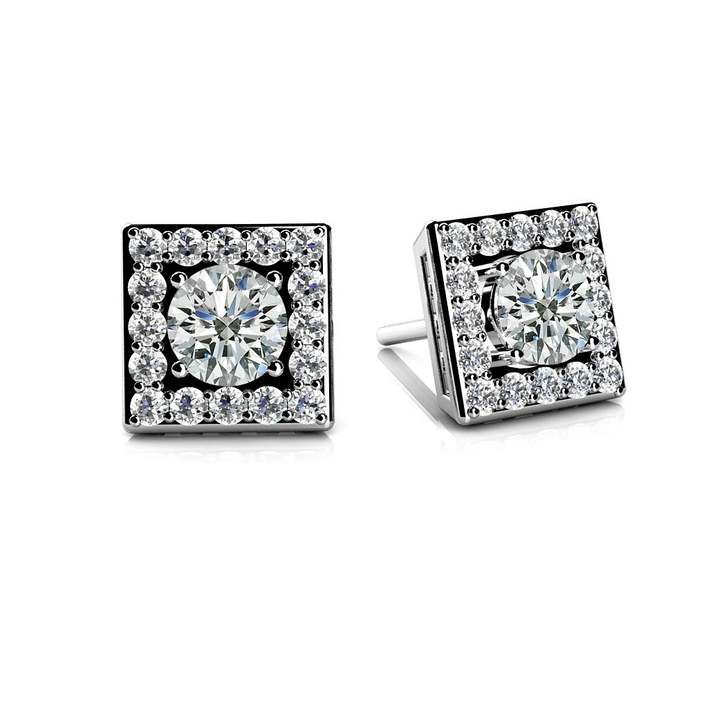 Round Cut Natural Diamond Square Halo Stud Earrings In PT950 Platinum (0.88 Carat H-I I1) |