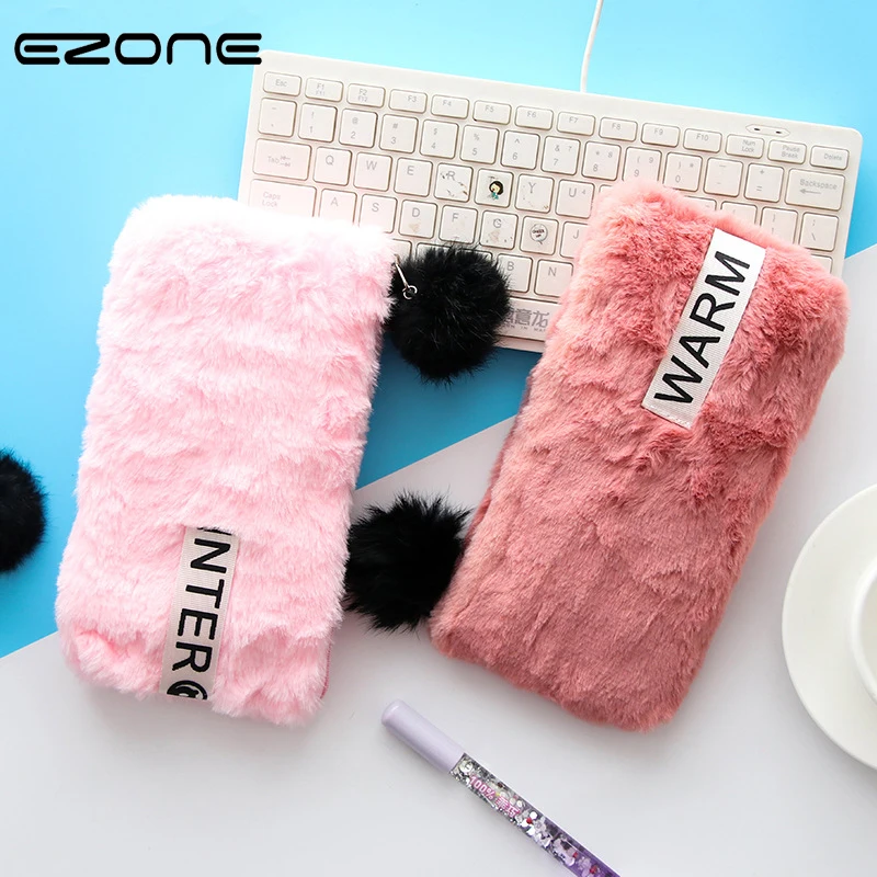 

EZONE 1PC Plush Pencil Bag Winter Warm Fur Furry Candy Color Zipper Pencil Cases For Student School Office Stationery Supply