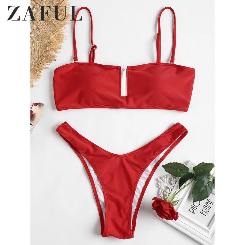 

ZAFUL Zippered High Cut Bandeau Bikini Set Push Up Padded Women Swimsuit Brazilian Bathing Suit Biquini Solid Color Swimwear