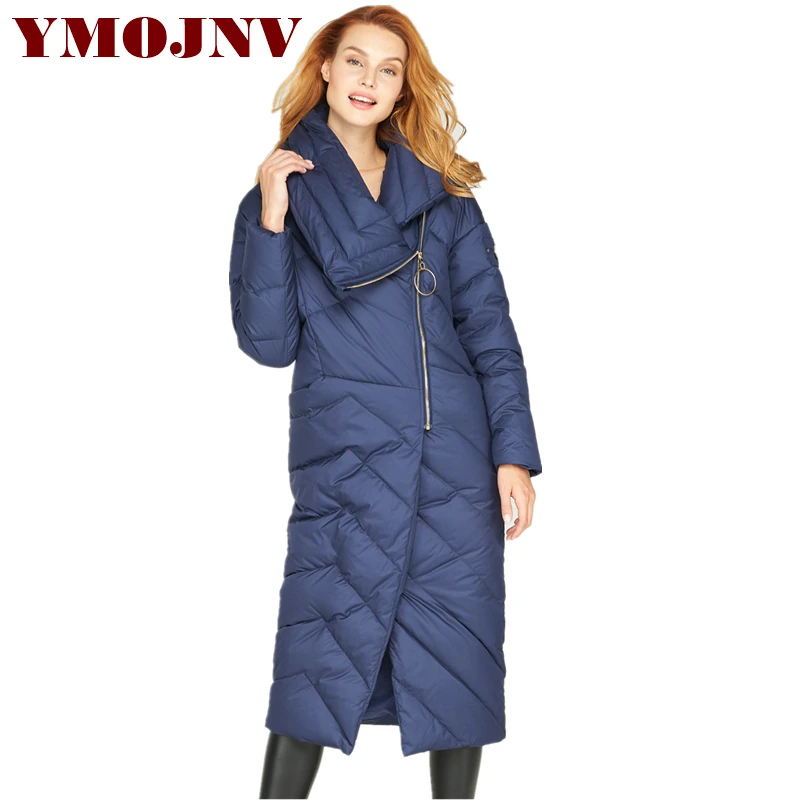 Модные зимние женские пуховики YMOJNV 2019 асимметричное длинное плотное теплое