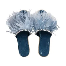 Sexy Blue Feather Embellished Slide Sandal Women Peep Toe Thick Braided Platform Espadrille Slides High Quality Women Shoes faux feather embellished solid tee