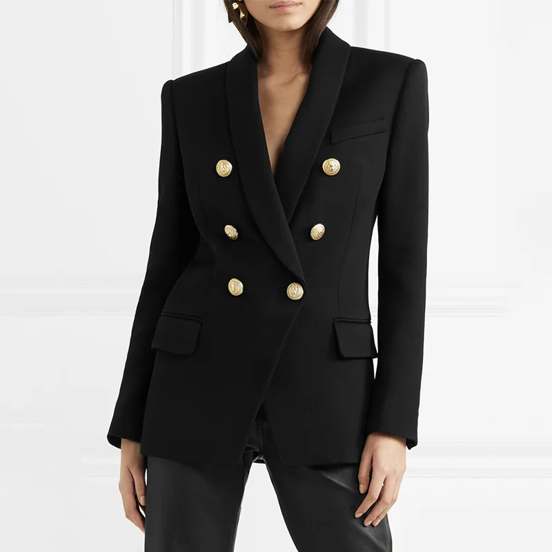 

2018 Winter Women Elegant Formal Blazer Coat Runway Designer Double Breasted Gold Button Ladies Blazer Coat Clothing