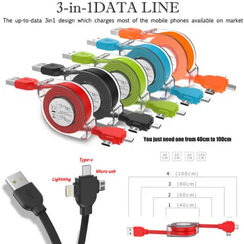 

Retractable 3in1 USB Charging Cable For Apple TYPE C Android Tablet Sync Charger