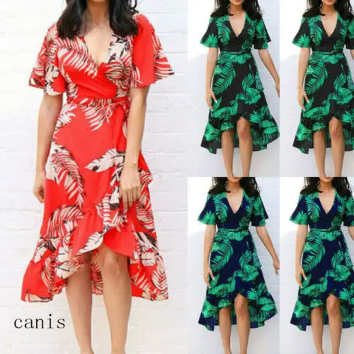 

2019 New Women Casual Boho Floral Midi Dress Evening Party Beach Holiday Spilt Sundress