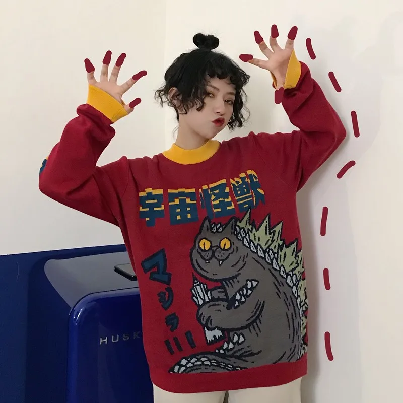 Harajuku Fashion Knitted Women Sweater Cartoon Monster Embroidery Student Sweater Coat Loose Retro Hit Color Pullover Sweater