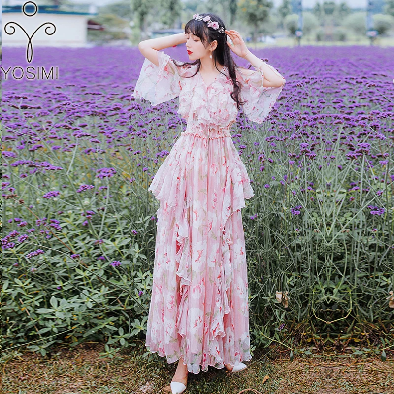 

2019 Summer Pink Dress Evening Party Long Women Dress Maxi Elegant Print Chiffon Ankle-Lenght V-Neck Long Female Vestido Runway