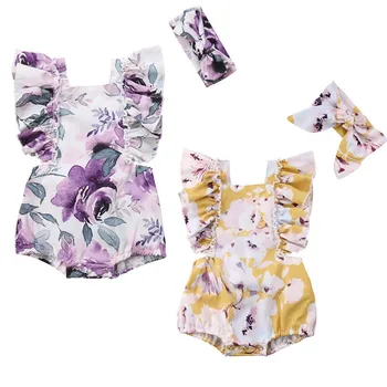 

Newborn Baby Girl Ruffle Floral Print Romper+Headband 2Pcs Girls Summer Outfits Yellow Purple