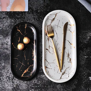 

European Style Marble Plates Ceramic Dinner Set Gold Inlay Porcelain Dessert Jewelry Plate Steak Salad Cake Plates Tableware