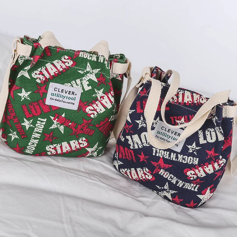 2019 New Canvas Handbags Portable Korean Fashion Printing Shoulder Crossbody Bags For Women Ladies Bag Messenger Bucket Small