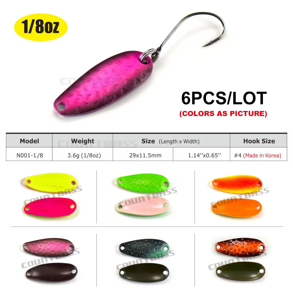 6pcs Countbass Brass Casting Spoon With Single Hook 3.5g 1/8oz Salmon