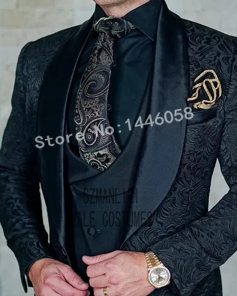 (Jacket+Pants+Vest) 2019 Custom Made Black Paisley Men Suit Groom Tuxedos Groomsmen Best Man Prom Blazer Mens Wedding Suits