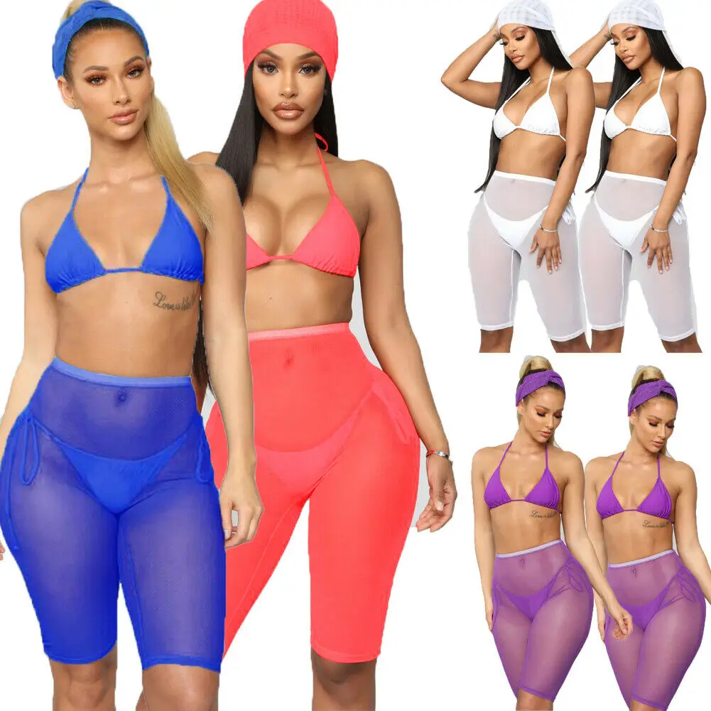 

Women Beach Mesh Sheer Elastic Swimwear High Waist Active Sport Dance Cycling Short Bikini Cover Up Shorts