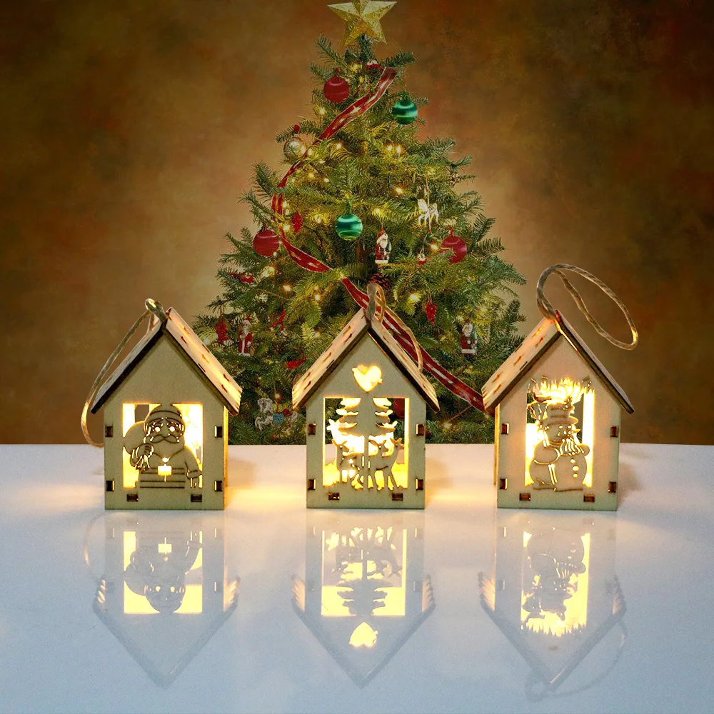 Рождественские деревянные декорации дом кулон с свет для дома Рождественская елка мини модель висит декор орнамент Рождественский Декор