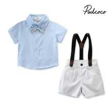Комплект из 2 предметов, рубашка с короткими рукавами и бантом для маленьких мальчиков топы+ белый комбинезон комплекты с джинсовыми брюками детская одежда