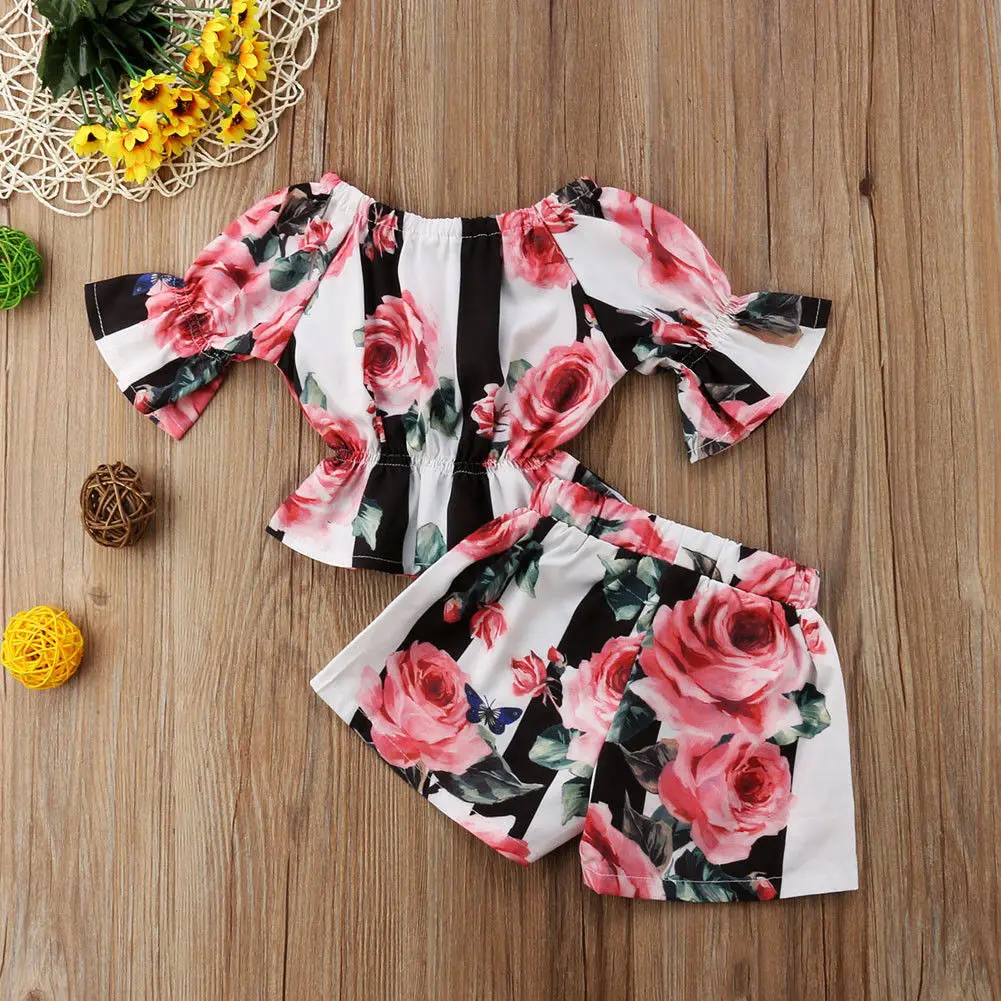 

2PCS Set Emmababy Fashion Girl Set 1Y-6Y Summer Toddler Kids Girls Stripe Floral Tunic Tops Shorts Outfits Set