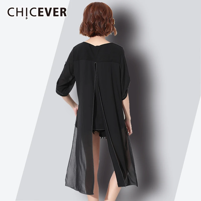 CHICEVER/черная шифоновая женская футболка с круглым вырезом и коротким рукавом