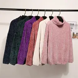 Новый осень зима для женщин вязаные свитера с высоким воротом повседневное элегантный с длинным рукавом Бархат пуловеры для Свободные