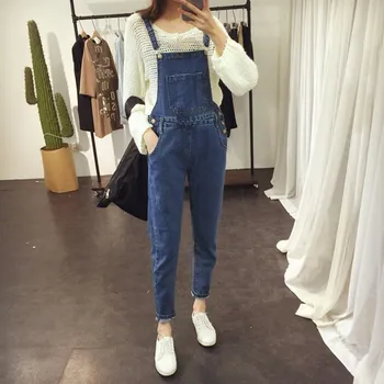 

Women Blue Suspender Long Pants Denim Jumpsuits Solid Girls Stretchable Jeans Jumpsuits Casual Overalls Romper Female
