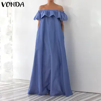 

VONDA S-5XL Women Sleeveless Dress Summer 2020 Sexy Off The Shoulder Ruffle Maxi Dress Solid Floor-Length Vestido Oversized