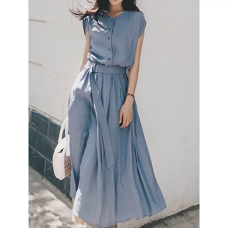 

Women Summer Dresses Korean Fashion High Waist A Line 2019 French Vintage Chic Street Casual Belt Slim Elegant School Midi Dress