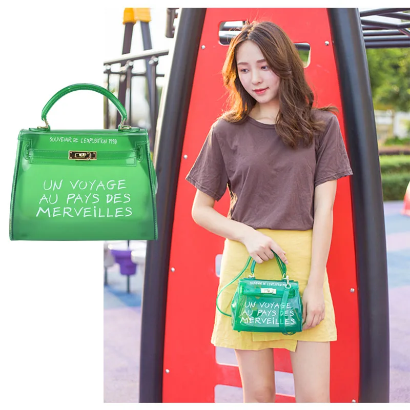 

1pc Women Transparent PVC Clear Alphabet Jelly Shoulder Bag Letters Candy Solid Color Handbag Water Proof Casual Messenger Tote
