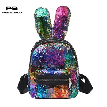 

Fashion Shining Double-sided Sequins School Backpack Women Rabbit Ears Rucksack Girl Cartoon Label Purse Zipper Shoulder Bag