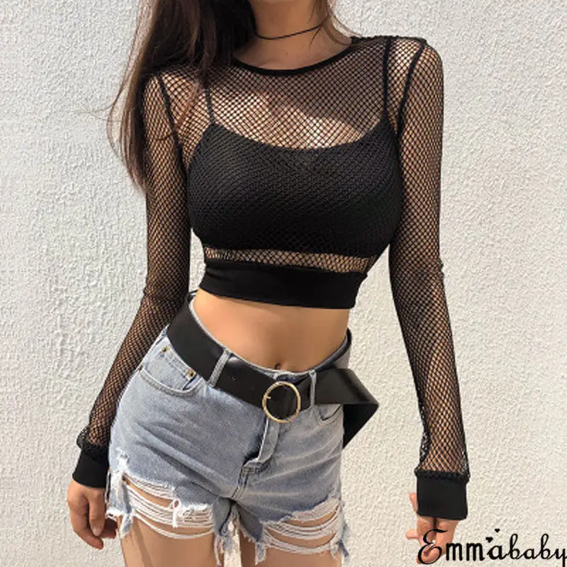 

Women's Ladies Sexy Long Sleeve Crew Neck T-Shirt Plain Stretch See Through Sheer Mesh Fishnet Clubwear Crop Top T-Shirt Black